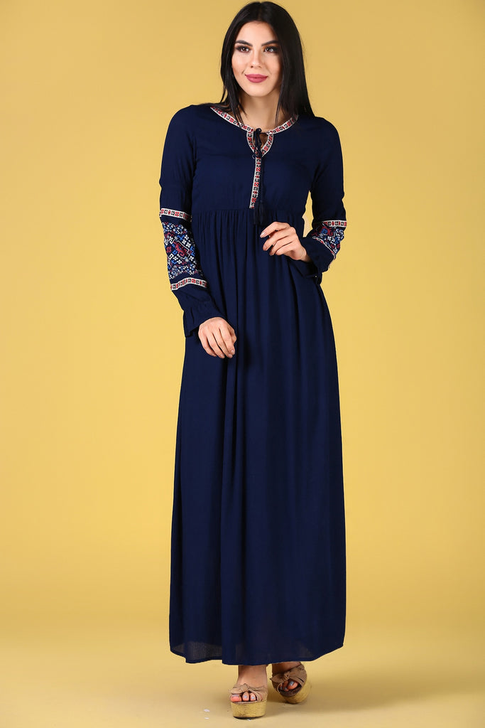 Lace-up Detailed Neck Navy Blue Dress