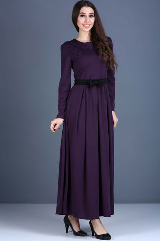Back Zipper Detail Bead Embroidered Dark Purple Dress