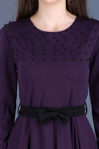 Back Zipper Detail Bead Embroidered Dark Purple Dress