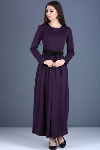 Back Zipper Detail Bead Embroidered Dark Purple Dress