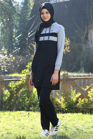 Rib Detailed Grey Veiling Tunic Set
