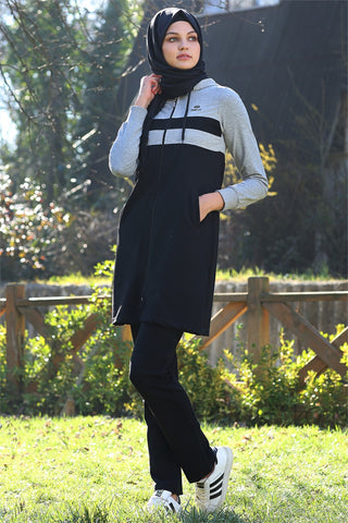 Rib Detailed Grey Veiling Tunic Set