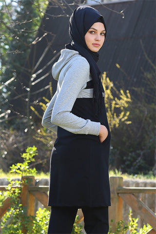 Rib Detailed Grey Veiling Tunic Set