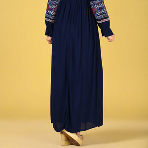 Lace-up Detailed Neck Navy Blue Dress