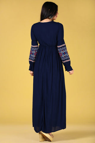 Lace-up Detailed Neck Navy Blue Dress