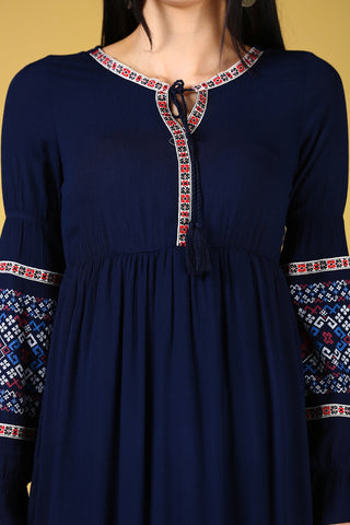 Lace-up Detailed Neck Navy Blue Dress