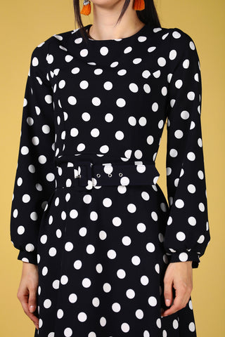 Belted Waist Dotted Patterned Dress