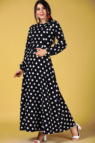 Belted Waist Dotted Patterned Dress