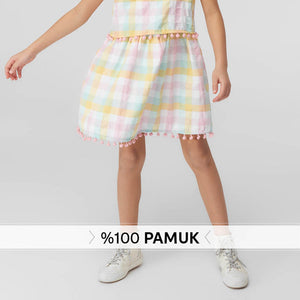 Multi-colored Bobble Detailed Plaid Girls' Dress