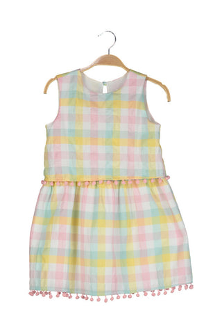 Multi-colored Bobble Detailed Plaid Girls' Dress