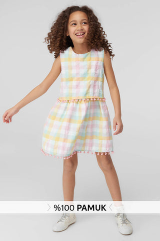 Multi-colored Bobble Detailed Plaid Girls' Dress