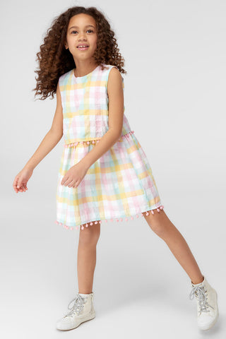 Multi-colored Bobble Detailed Plaid Girls' Dress
